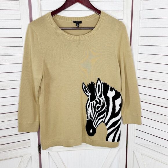Talbots Zebra Head Crewneck Pullover Knit Top Sweater Tan Petite Large - Picture 9 of 14